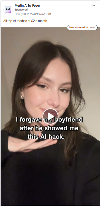 Merlin Meta ad: "I forgave my boyfriend after he showed me this AI hack."