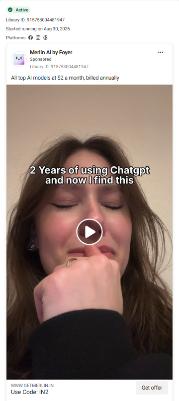 Merlin Meta ad: "2 Years of using Chatgpt and now I find this" (billed-annually variant)