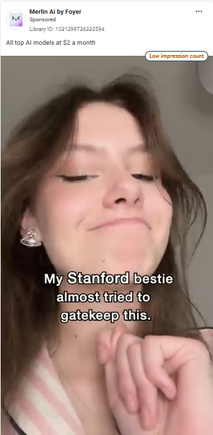 Merlin Meta ad: "My Stanford bestie almost tried to gatekeep this."