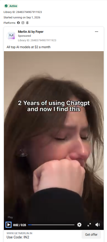 Merlin Meta ad: "2 Years of using Chatgpt and now I find this."