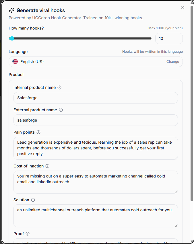 UGCdrop's hook generator configured with Salesforge's real product story